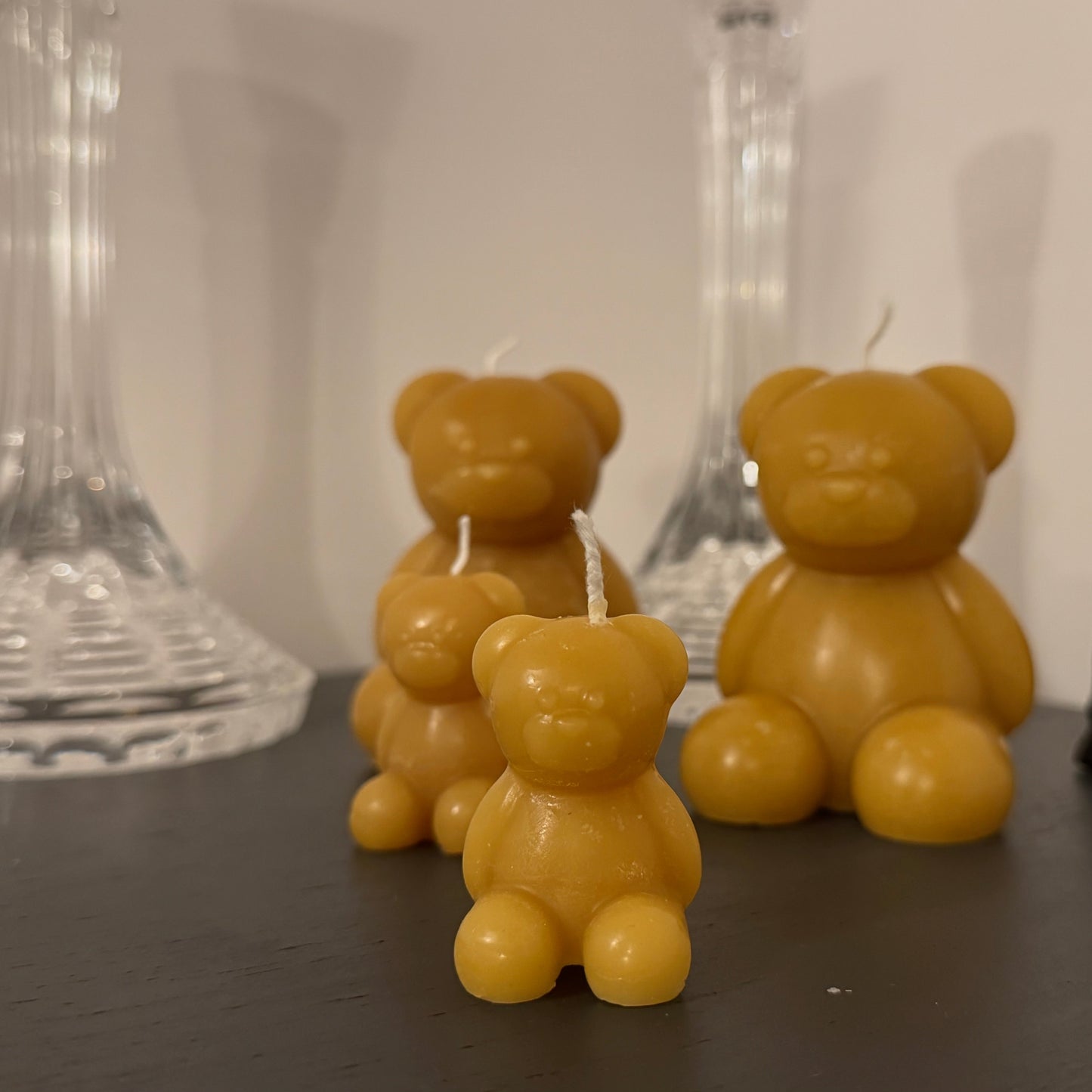 A cute family of bears, pure beeswax candles. The photo features 2 small bears and 2 larger bears, for new mums or baby showers