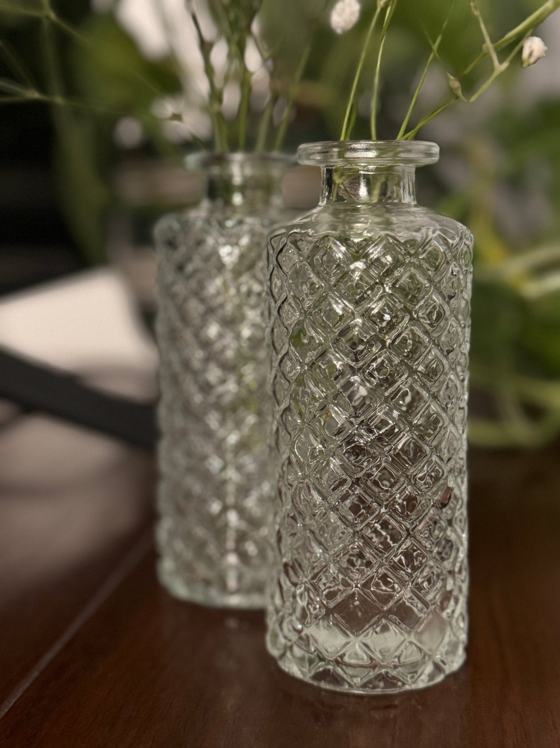 Two reclaimed glass dappled bud vases