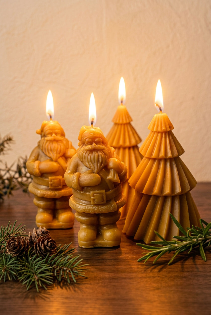 Father Christmas candle, lit on a wooden surface, Christmas Tree candle, lit on a wooden surface creating a cosy christmas vibe