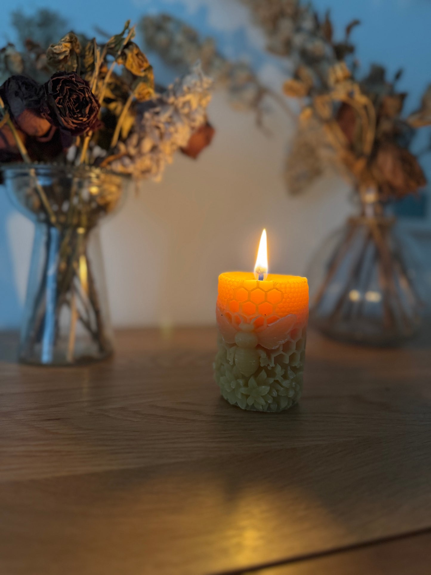 Honeycomb Bee Pillar Beeswax Candle