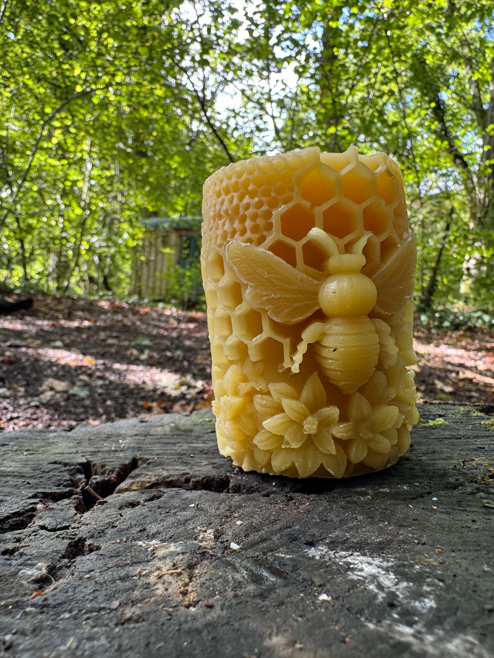 A honeycomb moulded beeswax candle with ornate bee detailing sits in a woodland environment reminiscent of its natural appeal 